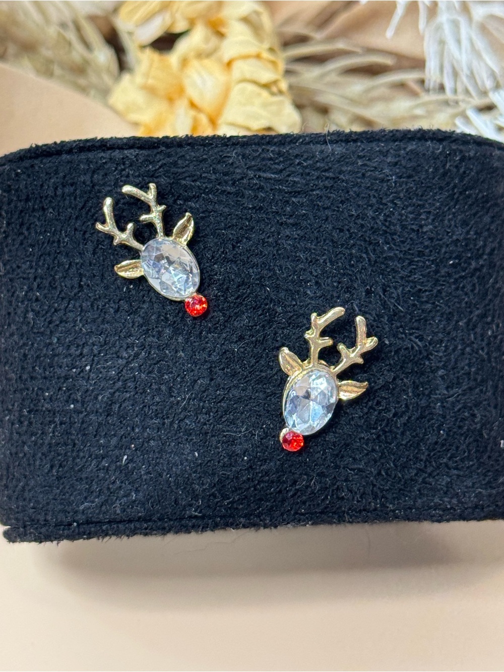Vintage Rhinestone Reindeer Stud Earrings Gold Tone Red Nose Christmas